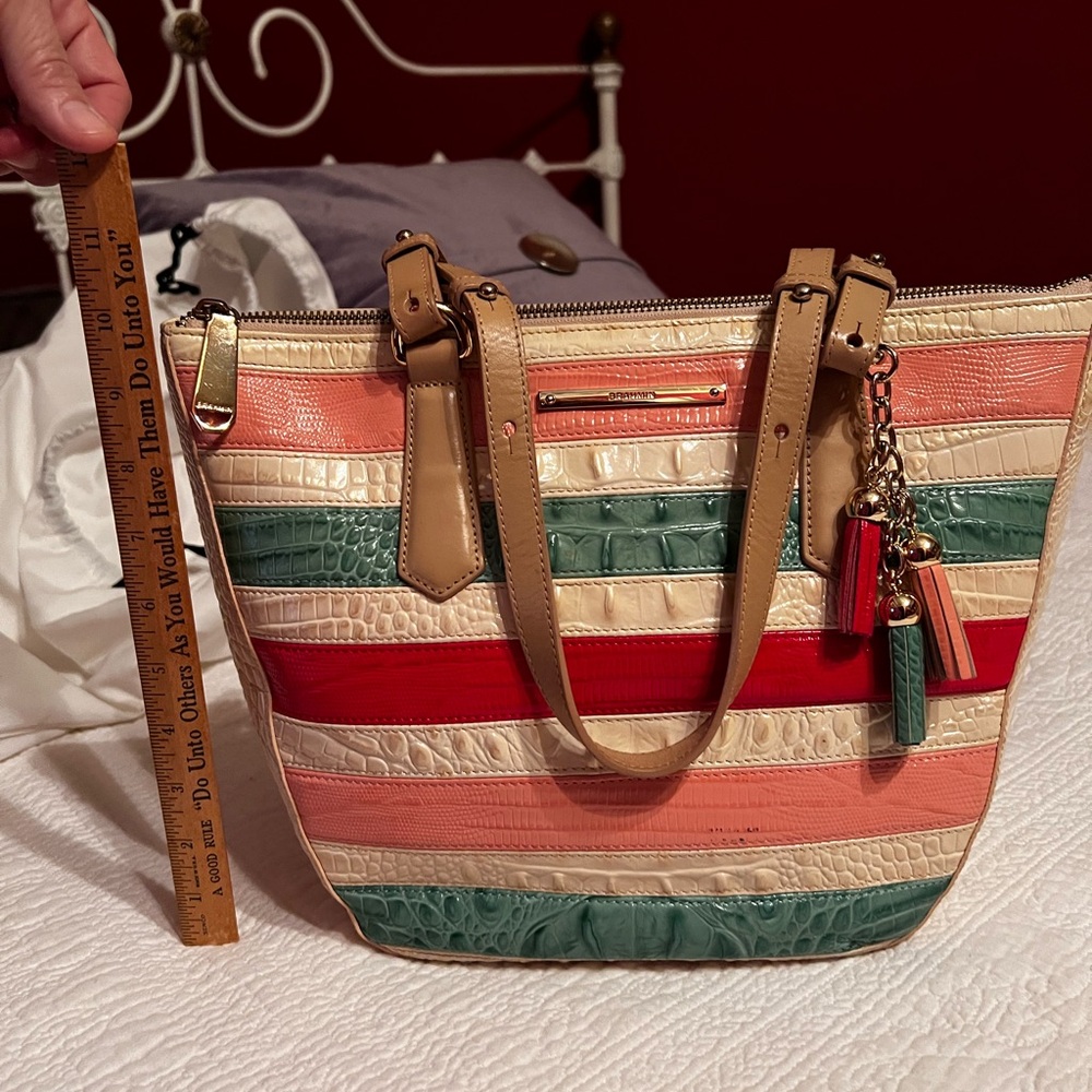 Brahmin Cream and Red Tote with Structured Design